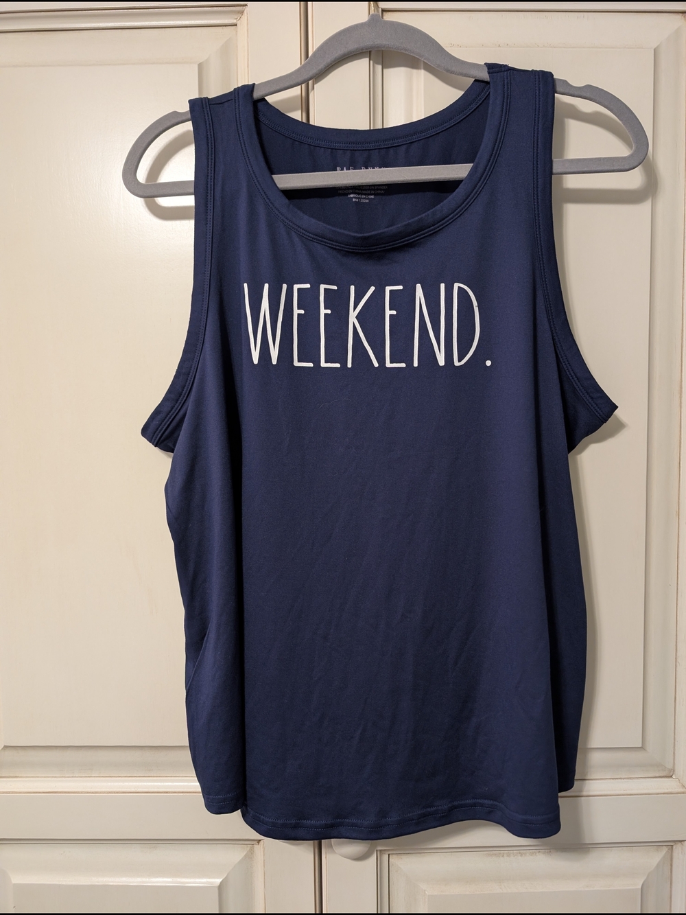 Rae Dunn Navy Tank Top with WHITE "WEEKEND." Graphic